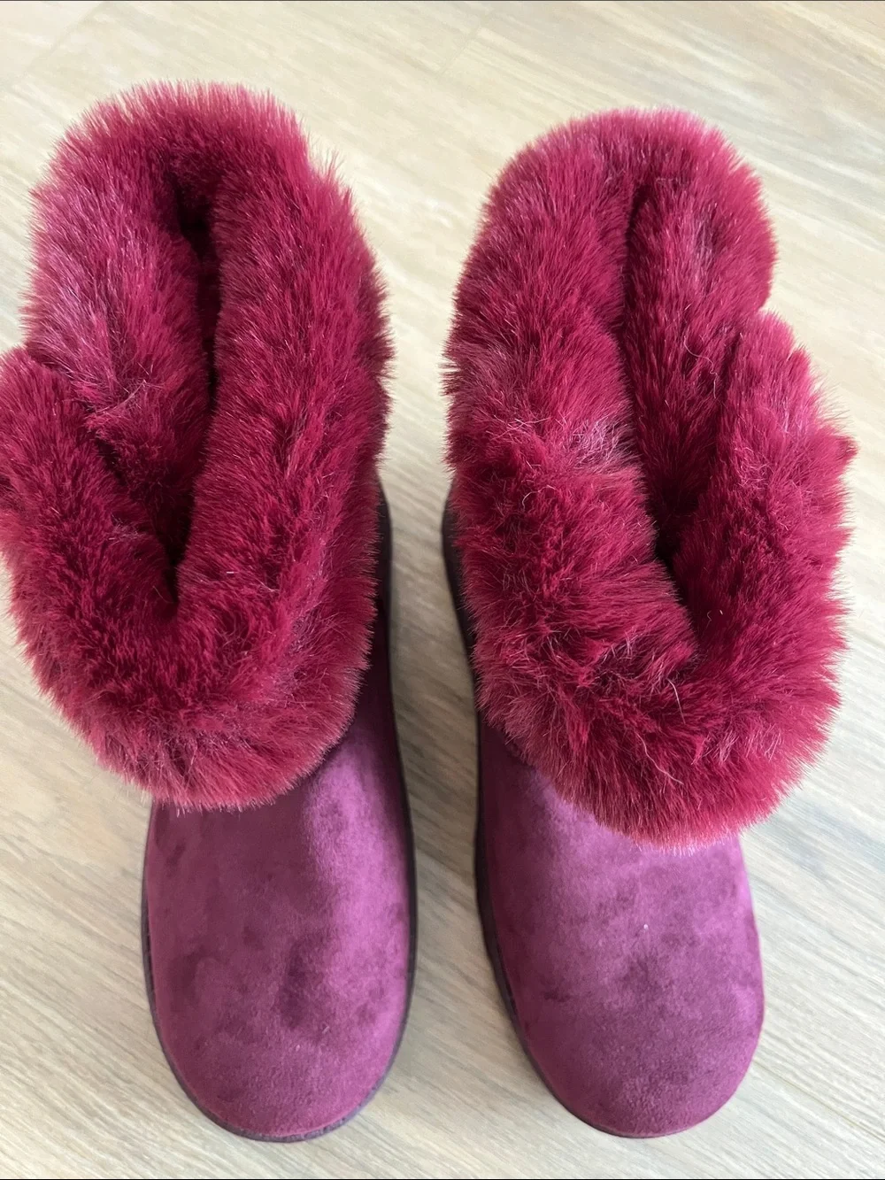 SO Pauline Wine Faux Suede Faux Fur-Cuff Boots